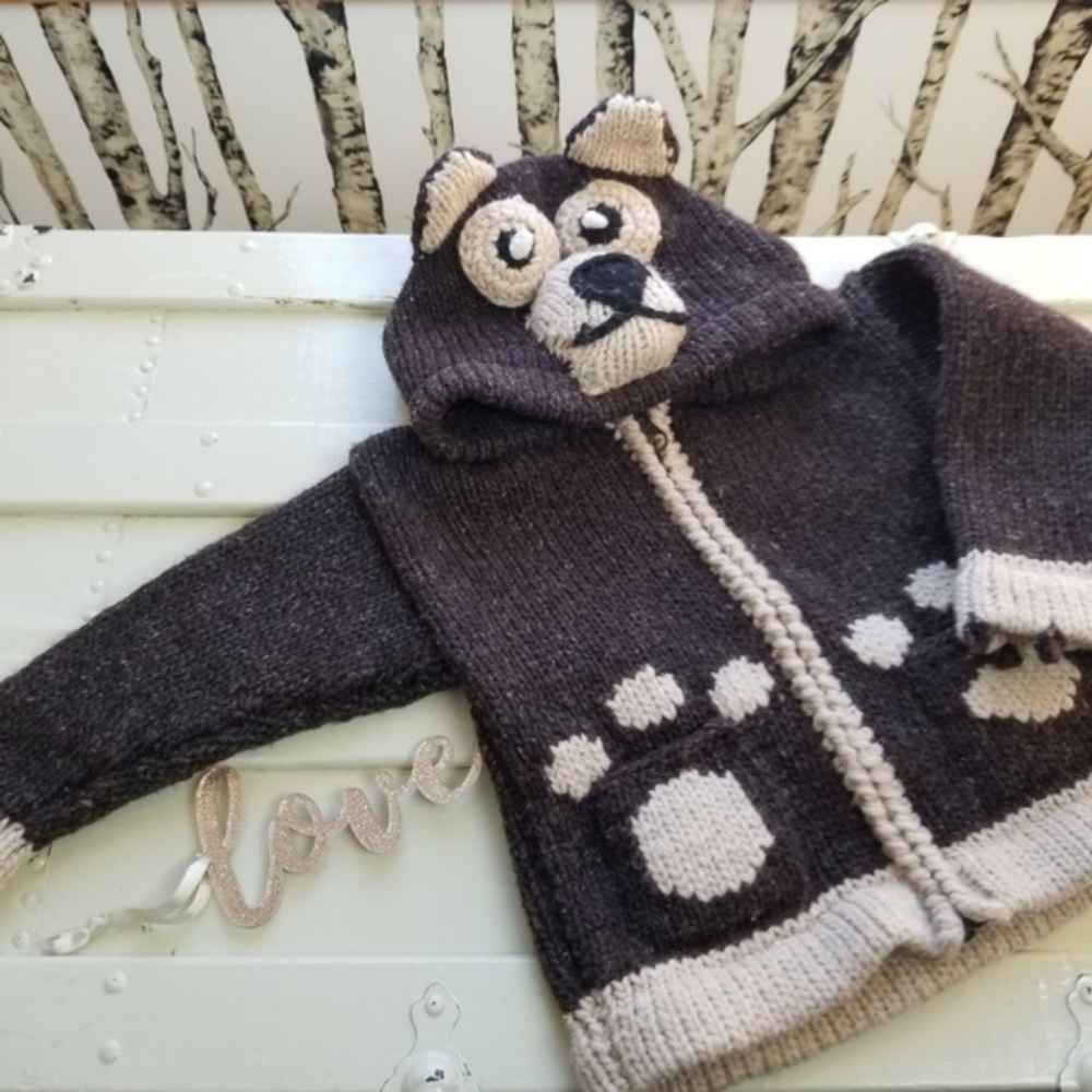 Inti Andes Handmade Wool Bear Hoodie, 2T